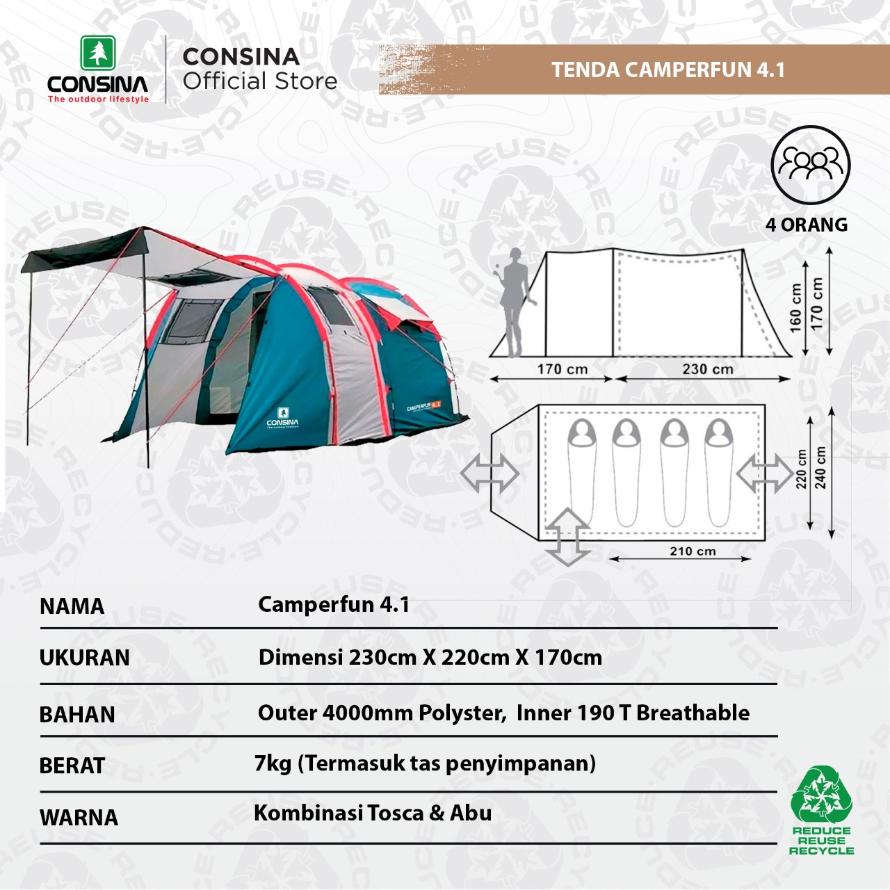 Consina Camperfun 4.1 Tenda Camping Keluarga 3-4 Orang Camper Van